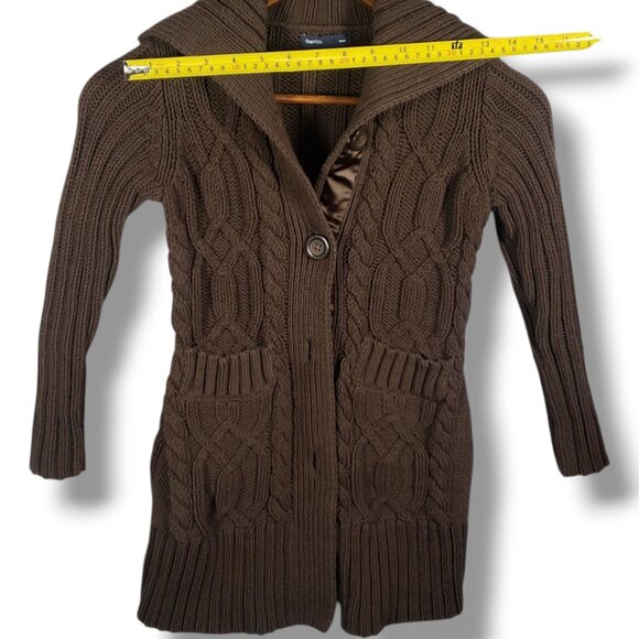 GAP Kid 6/7 Brown Cable Knit Cardigan Collar Button Pocket Dark Academia Preppy - Picture 6 of 8